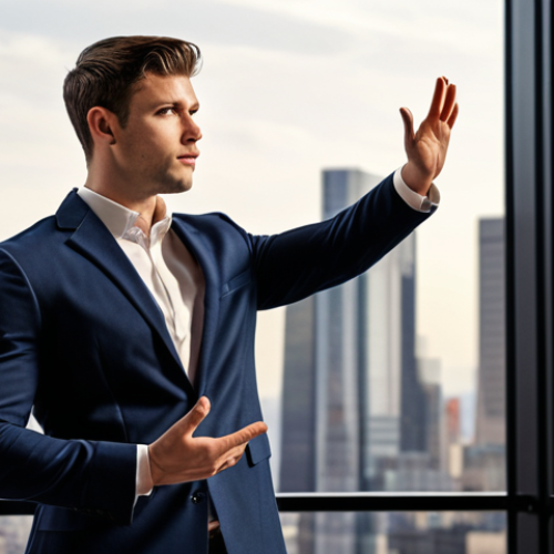 Home 4 **Image Prompt:** A confident young professional in a sharp business suit, standing in front of a blurred cityscape, delivering a presentation with a dynamic gesture, emphasizing "storytelling" and personal branding. The overall tone should be empowering and aspirational, like a TED Talk speaker ready to inspire.