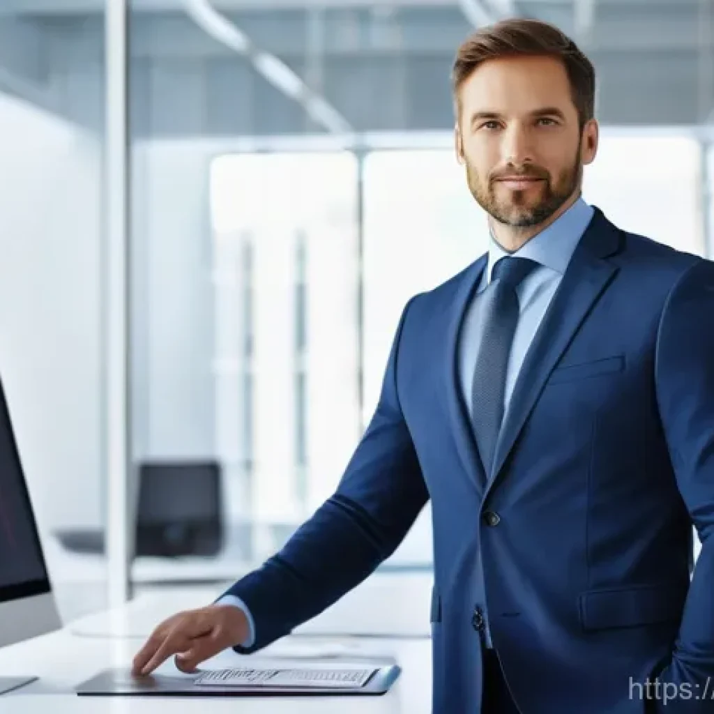 이직을 준비하는 경영컨설턴트 - A professional male consultant in a sleek business suit, mid-30s, stands confidently in a modern, br...