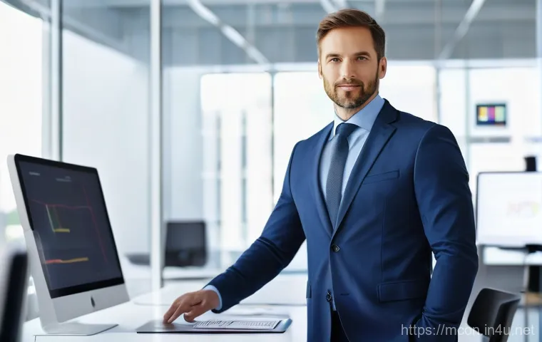 이직을 준비하는 경영컨설턴트 - A professional male consultant in a sleek business suit, mid-30s, stands confidently in a modern, br...