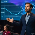 컨설팅 프레젠테이션 기술 - A professional male presenter, mid-30s, wearing a tailored dark suit, stands dynamically on a stage ...