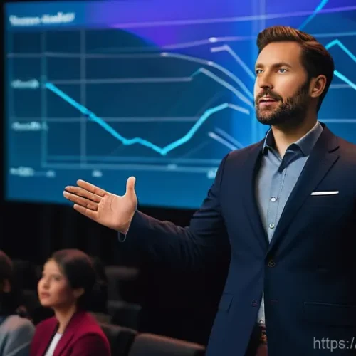 Home 14 컨설팅 프레젠테이션 기술 - A professional male presenter, mid-30s, wearing a tailored dark suit, stands dynamically on a stage ...