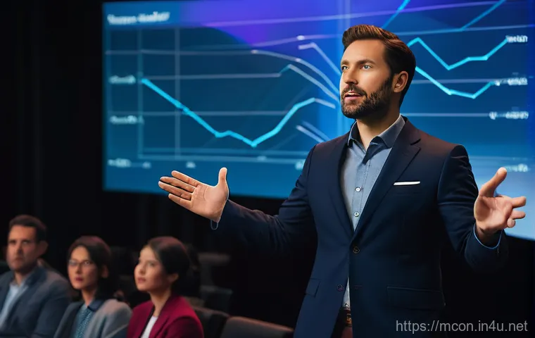 컨설팅 프레젠테이션 기술 - A professional male presenter, mid-30s, wearing a tailored dark suit, stands dynamically on a stage ...