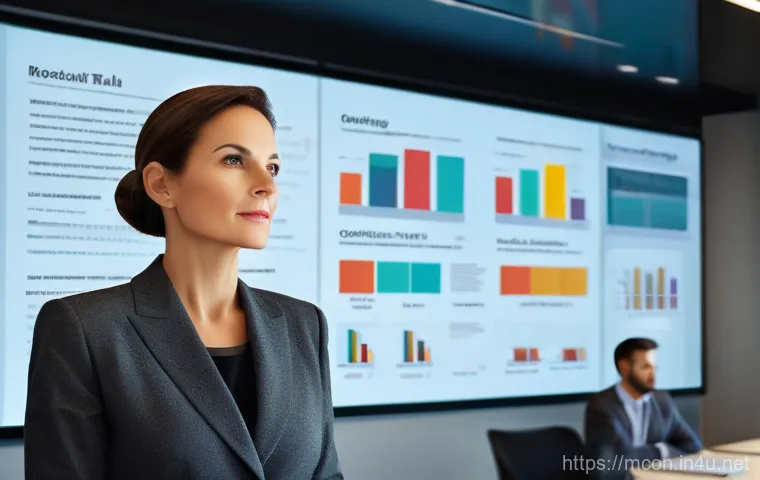 컨설팅 프레젠테이션 기술 - A professional male presenter, mid-30s, wearing a tailored dark suit, stands dynamically on a stage ...